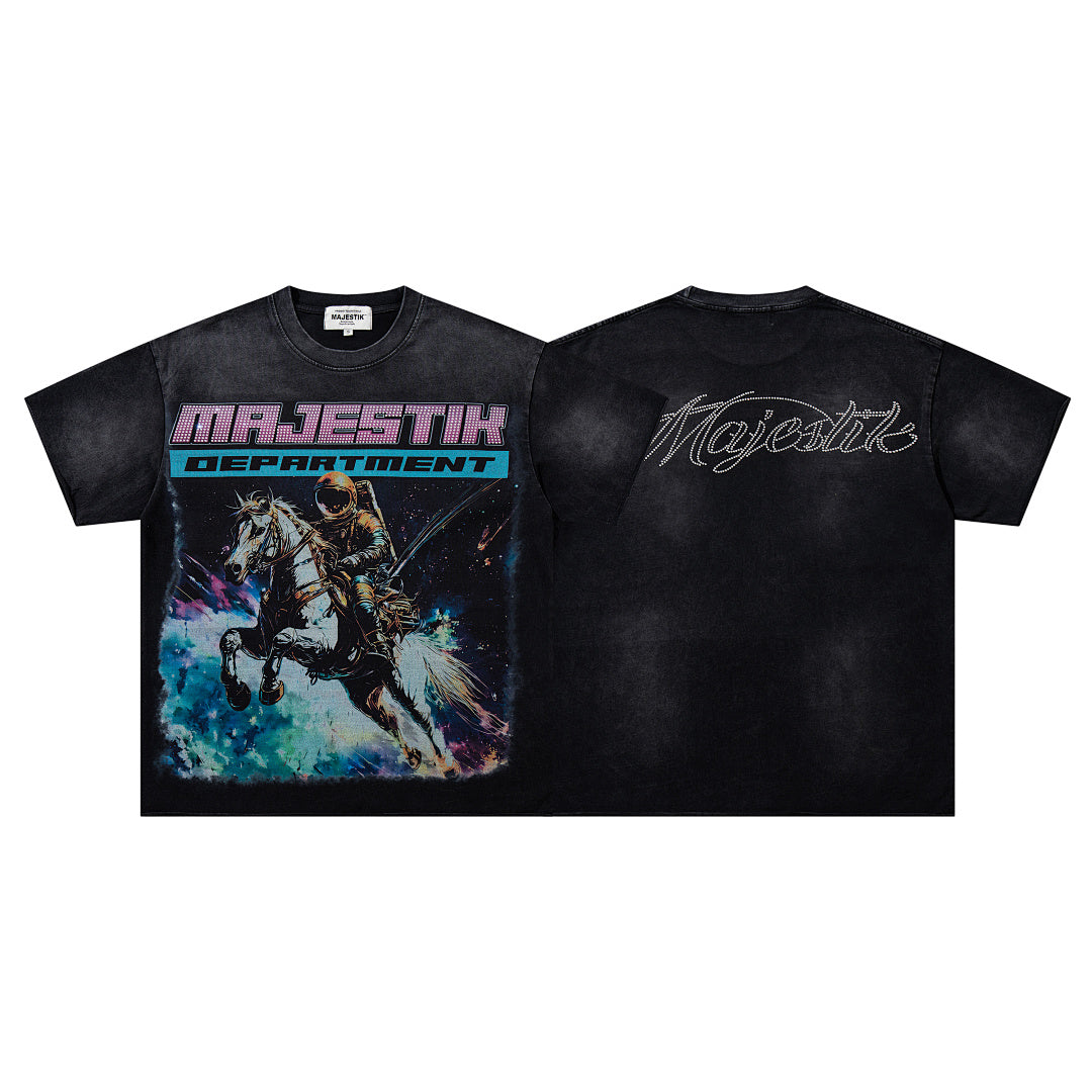 MAJESTIK Black Washed Vintage Knight‑Horse Double‑Sided Graphic Band‑Style T‑Shirt