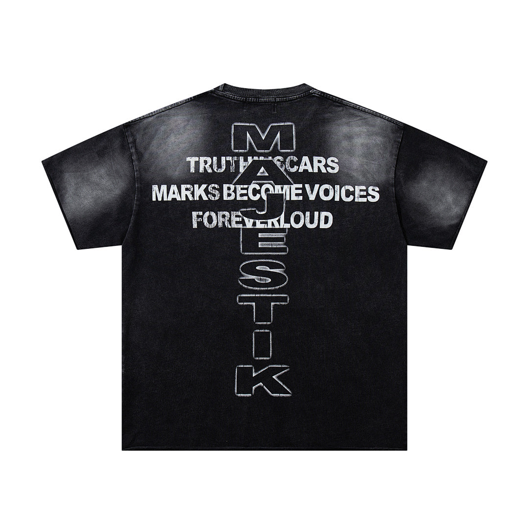 MAJESTIK Black Washed Vintage Text Collage Double‑Sided Graphic Band‑Style T‑Shirt