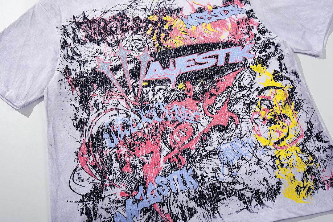 MAJESTIK Off‑White Washed Vintage Graffiti Art Collage Double‑Sided Band‑Style T‑Shirt
