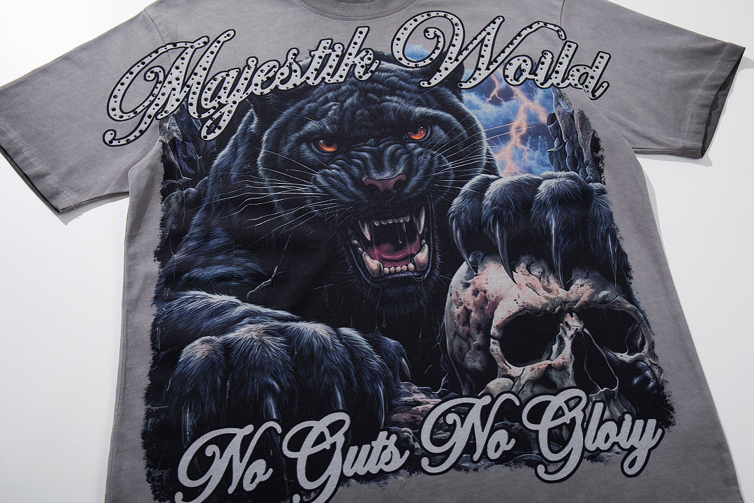 MAJESTIK Washed Grey Black Panther Vintage Graphic T‑Shirt