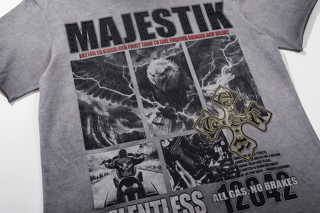 MAJESTIK Grey Black Washed Vintage Portrait Totem Double‑Sided Graphic Band‑Style T‑Shirt