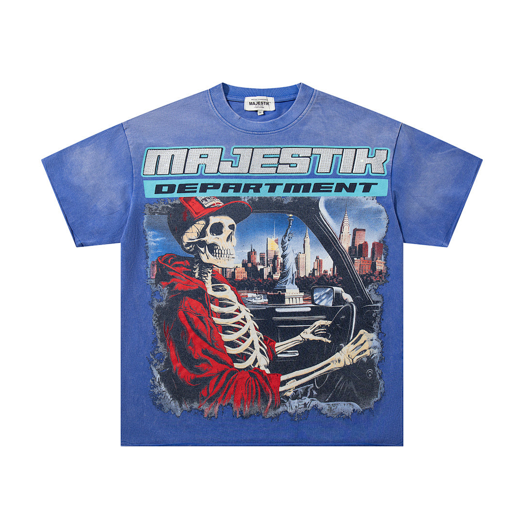 MAJESTIK Blue Washed Vintage Skeleton City Tour Graphic Band‑Style T‑Shirt