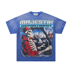 MAJESTIK Blue Washed Vintage Skeleton City Tour Graphic Band‑Style T‑Shirt