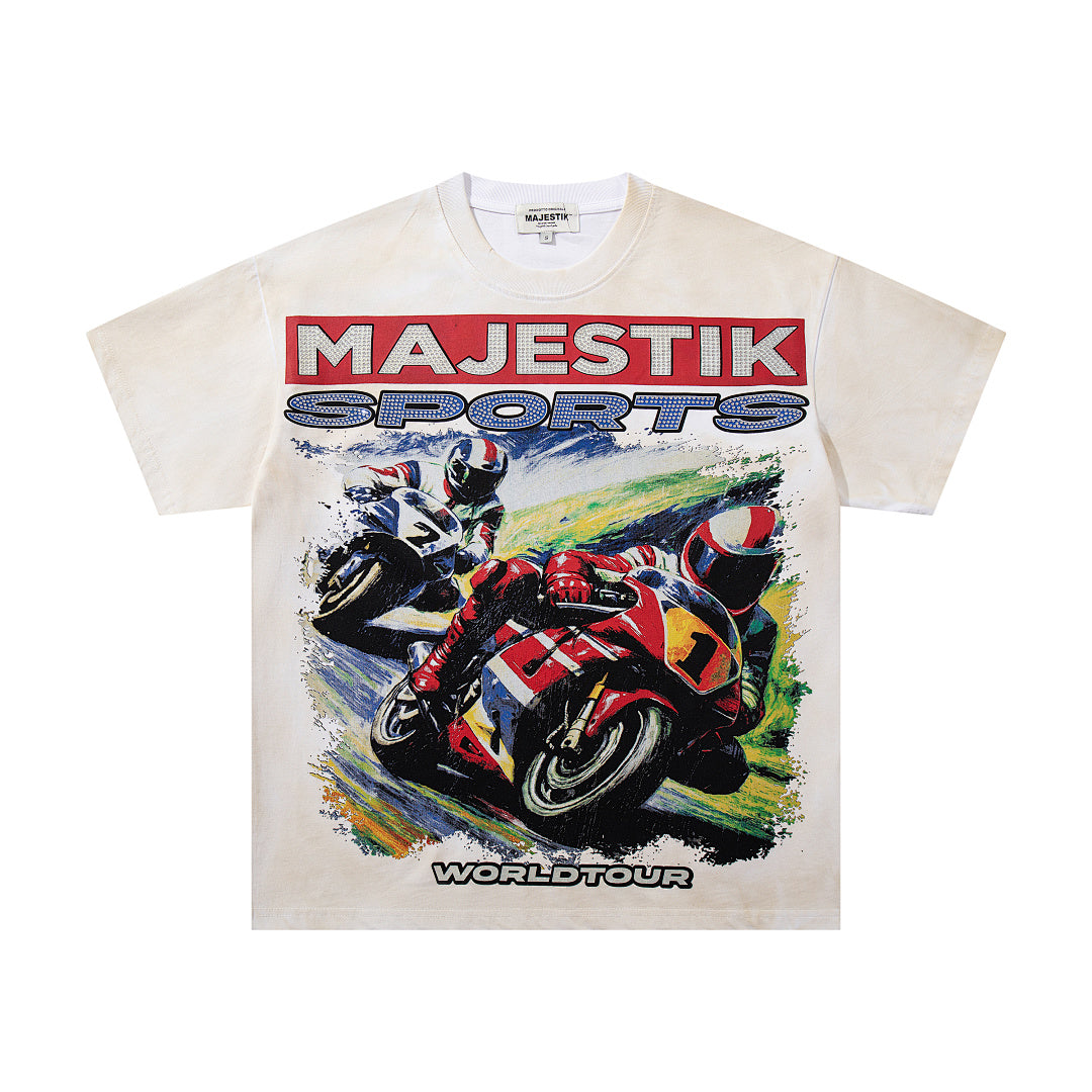 MAJESTIK Off‑White Washed Vintage Motorcycle Racing Graphic Band‑Style T‑Shirt