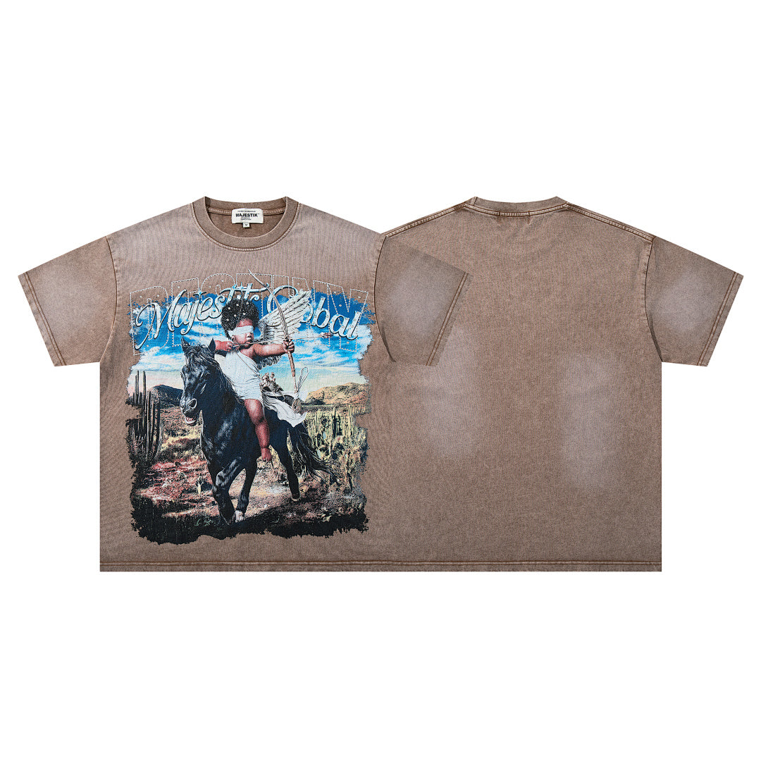 MAJESTIK Brown Washed Western Cowboy Horse Rider Vintage Graphic T‑Shirt
