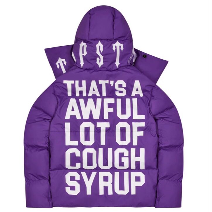 Purple Hooded Puffer Jacket Text Graphic Heavy Bubble Coat Streetwear