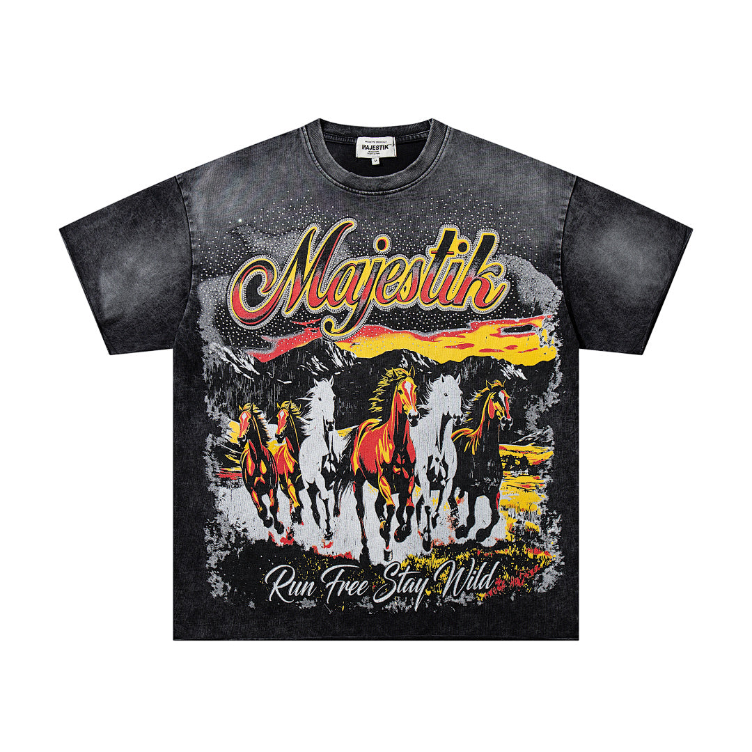 MAJESTIK Black Washed Vintage Western Cowboy Horse Rider Double‑Sided Graphic Band‑Style T‑Shirt