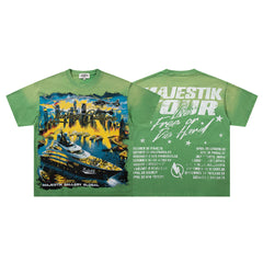 MAJESTIK Green Washed Vintage Tour Cruise City Double‑Sided Band‑Style Graphic T‑Shirt