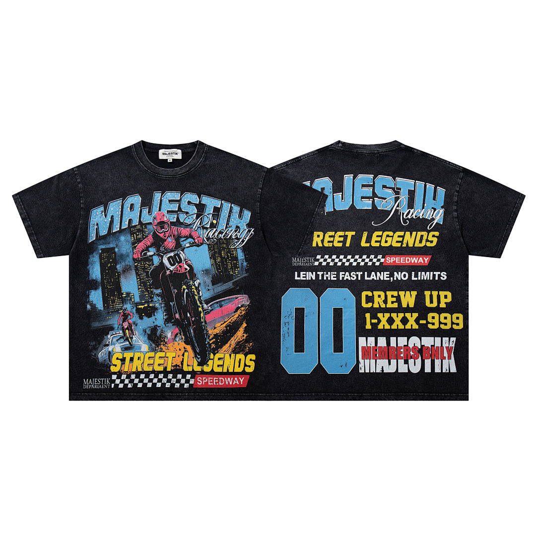 MAJESTIK Black Washed Vintage Street Figure Double‑Sided Graphic T‑Shirt