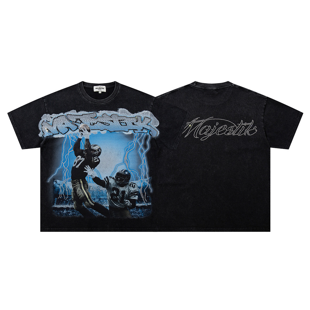 MAJESTIK Black Vintage Blue‑Tone Grim Reaper Band‑Style Graphic T‑Shirt