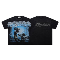 MAJESTIK Black Vintage Blue‑Tone Grim Reaper Band‑Style Graphic T‑Shirt