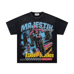 MAJESTIK Black Washed Vintage Street Figure Double‑Sided Graphic T‑Shirt