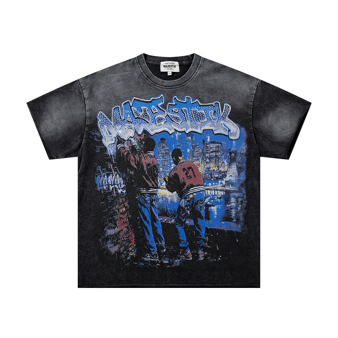 MAJESTIK Black Washed Vintage Band Tour Double‑Sided Graphic Band‑Style T‑Shirt