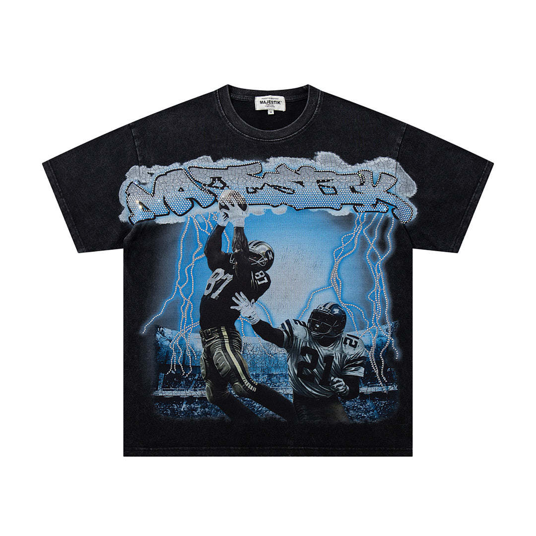 MAJESTIK Black Vintage Blue‑Tone Grim Reaper Band‑Style Graphic T‑Shirt