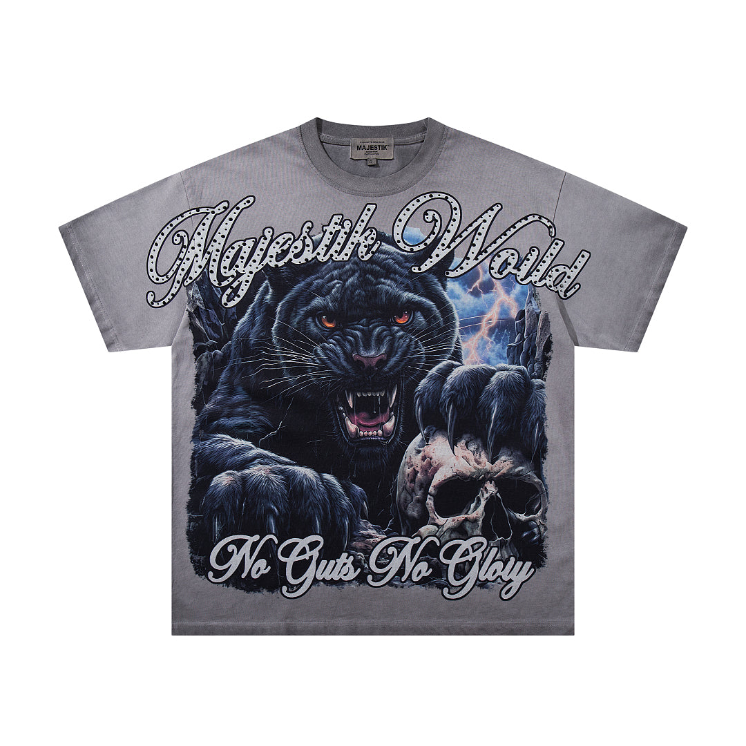 MAJESTIK Washed Grey Black Panther Vintage Graphic T‑Shirt