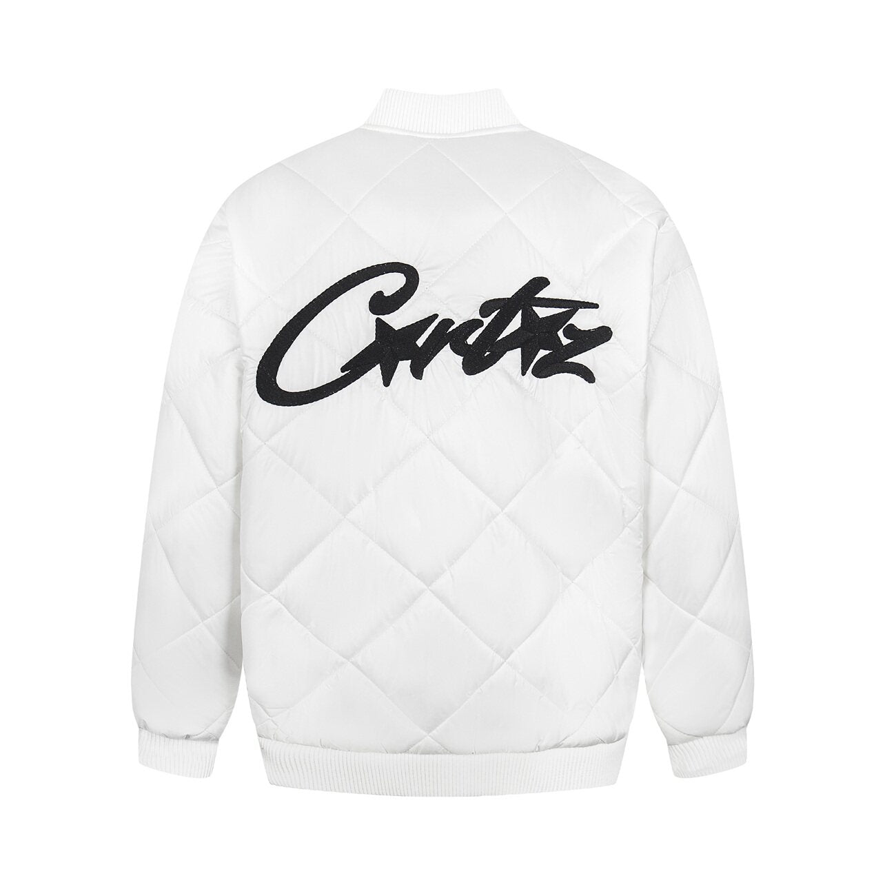 White Diamond Quilted Bomber Jacket Script Logo Streetwear Padded Coat