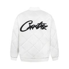White Diamond Quilted Bomber Jacket Script Logo Streetwear Padded Coat