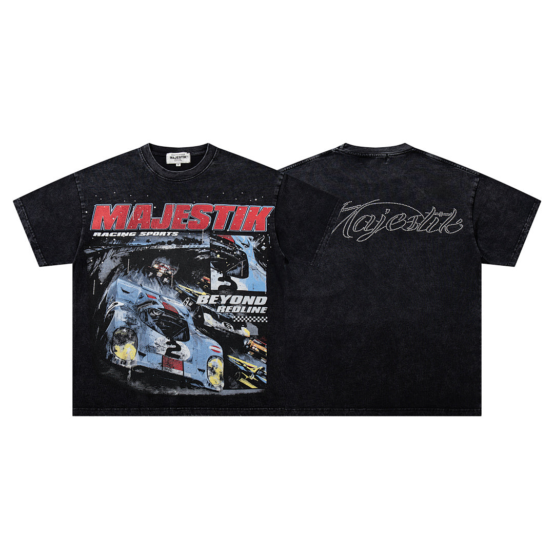 MAJESTIK Black Washed Vintage Motorcycle Racer Double‑Sided Graphic Band‑Style T‑Shirt