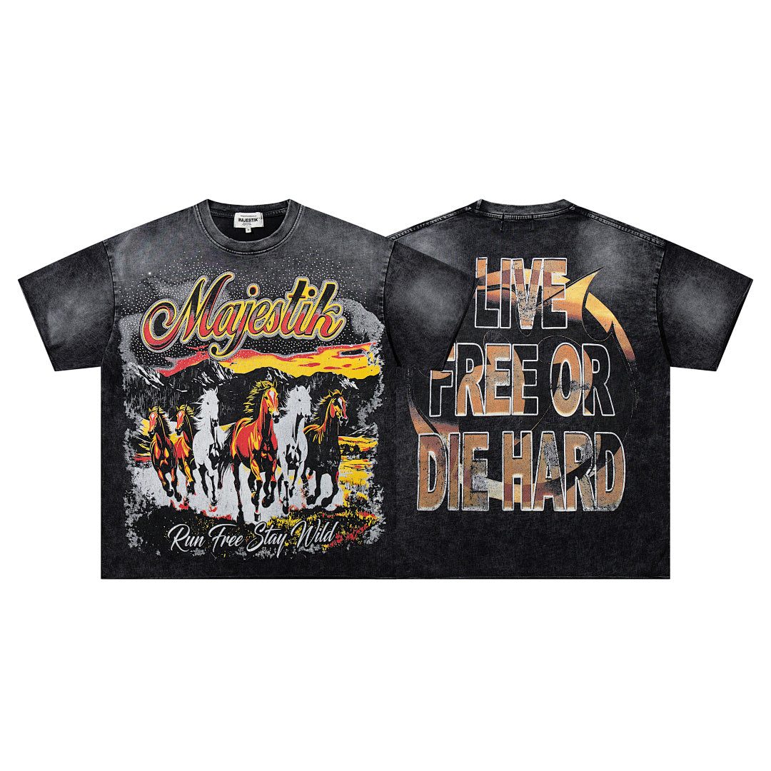 MAJESTIK Black Washed Vintage Western Cowboy Horse Rider Double‑Sided Graphic Band‑Style T‑Shirt