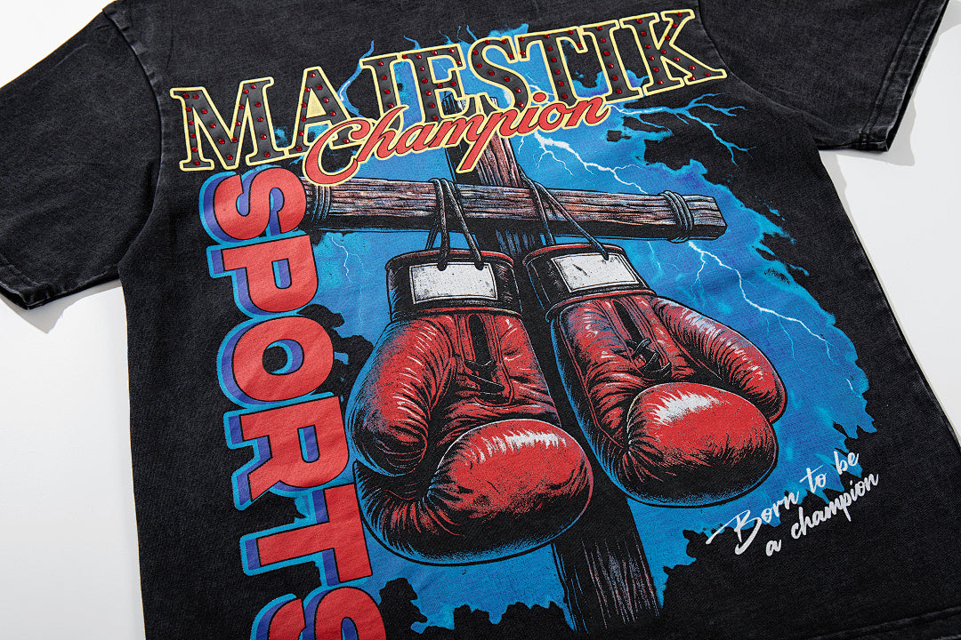 MAJESTIK Black Washed Vintage Boxing Gloves Graphic Band‑Style T‑Shirt