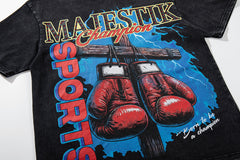 MAJESTIK Black Washed Vintage Boxing Gloves Graphic Band‑Style T‑Shirt