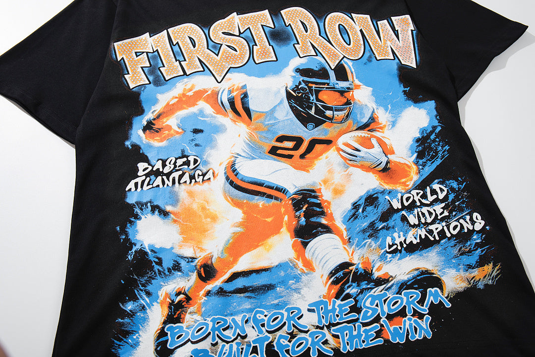 MAJESTIK Vintage Black FIRST ROW Football Player Double‑Sided Graphic T‑Shirt