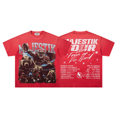 MAJESTIK Red Washed Vintage Tour‑Theme Double‑Sided Band‑Style Graphic T‑Shirt