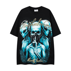 MAJESTIK Vintage Black Alien Skull Angel Sword Double‑Sided Graphic T‑Shirt