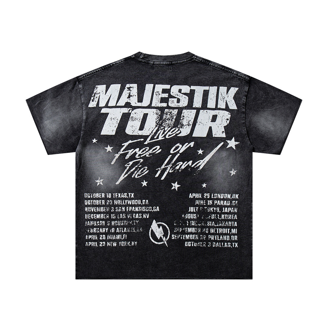 MAJESTIK Black Washed Vintage Band Tour Double‑Sided Graphic Band‑Style T‑Shirt