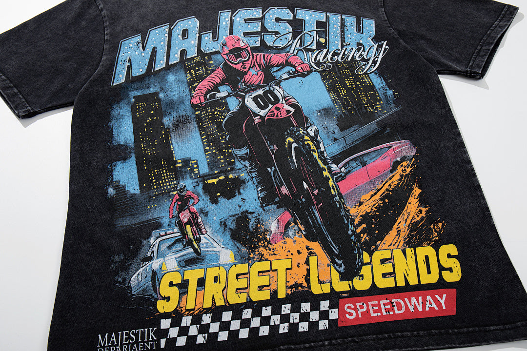 MAJESTIK Black Washed Vintage Street Figure Double‑Sided Graphic T‑Shirt