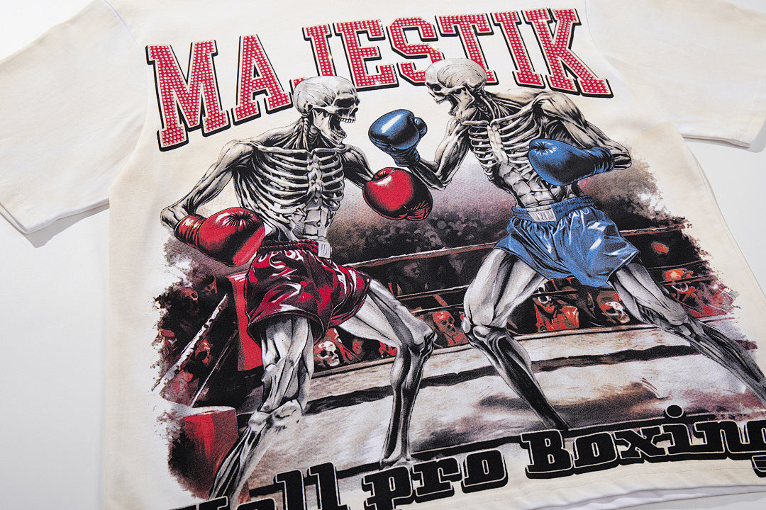 MAJESTIK Off‑White Washed Vintage Boxing Fighter Double‑Sided Graphic Band‑Style T‑Shirt