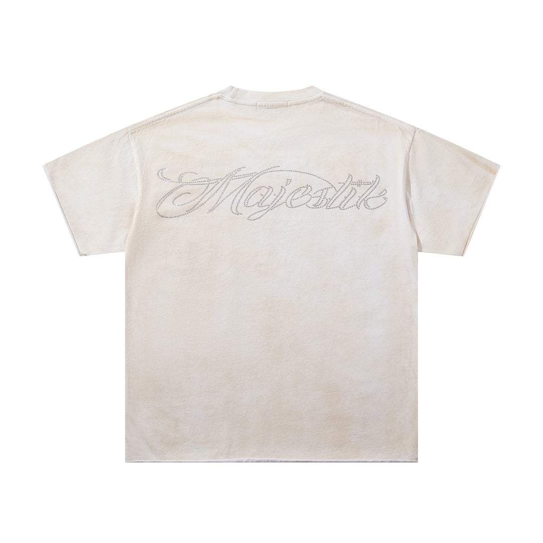 MAJESTIK Off‑White Washed Vintage Skeleton City Tour Graphic Band‑Style T‑Shirt