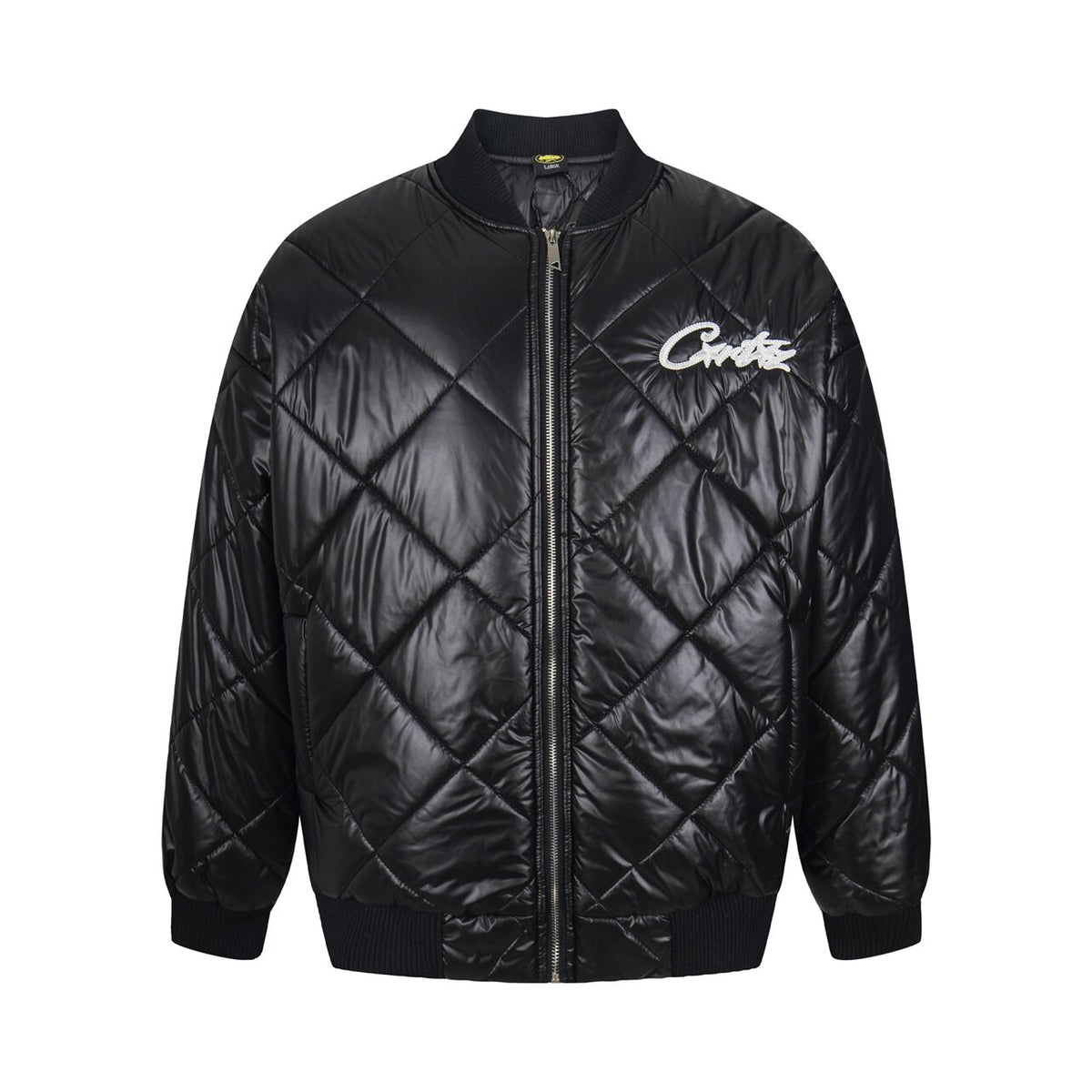 Black Diamond Quilted Bomber Jacket Script Logo Streetwear Padded Coat