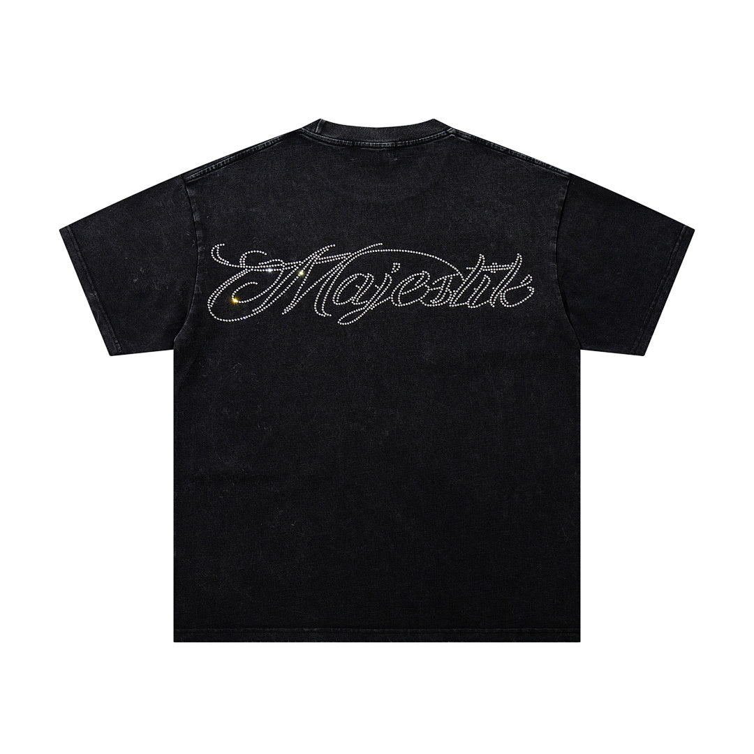 MAJESTIK Black Vintage Blue‑Tone Grim Reaper Band‑Style Graphic T‑Shirt