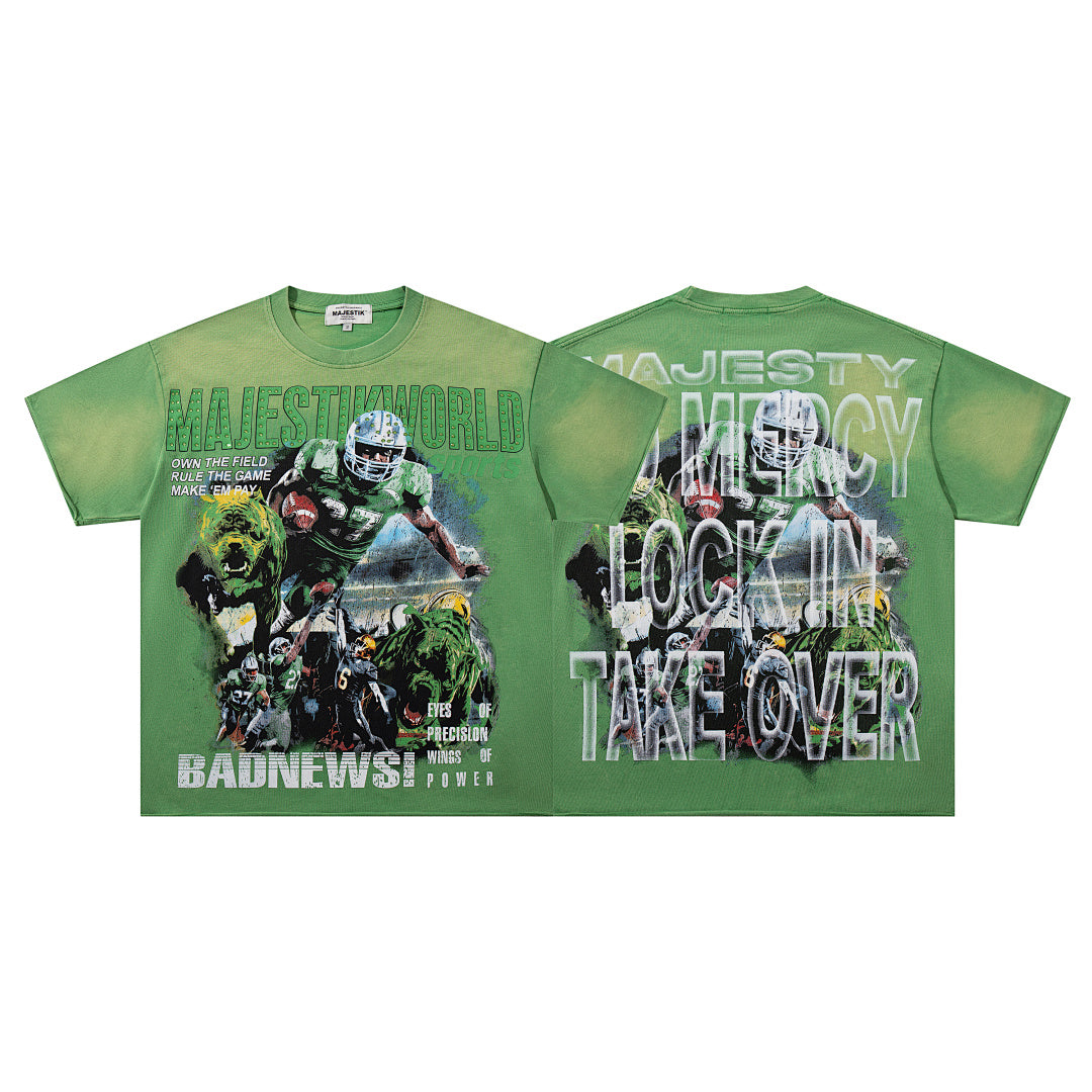 MAJESTIK Green Washed Vintage Football Athlete Double‑Sided Graphic Band‑Style T‑Shirt