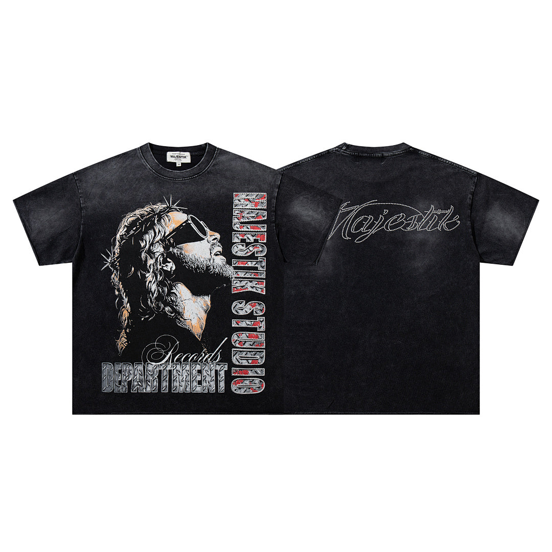 MAJESTIK Black Washed Vintage Eagle Raptor Double‑Sided Graphic Band‑Style T‑Shirt