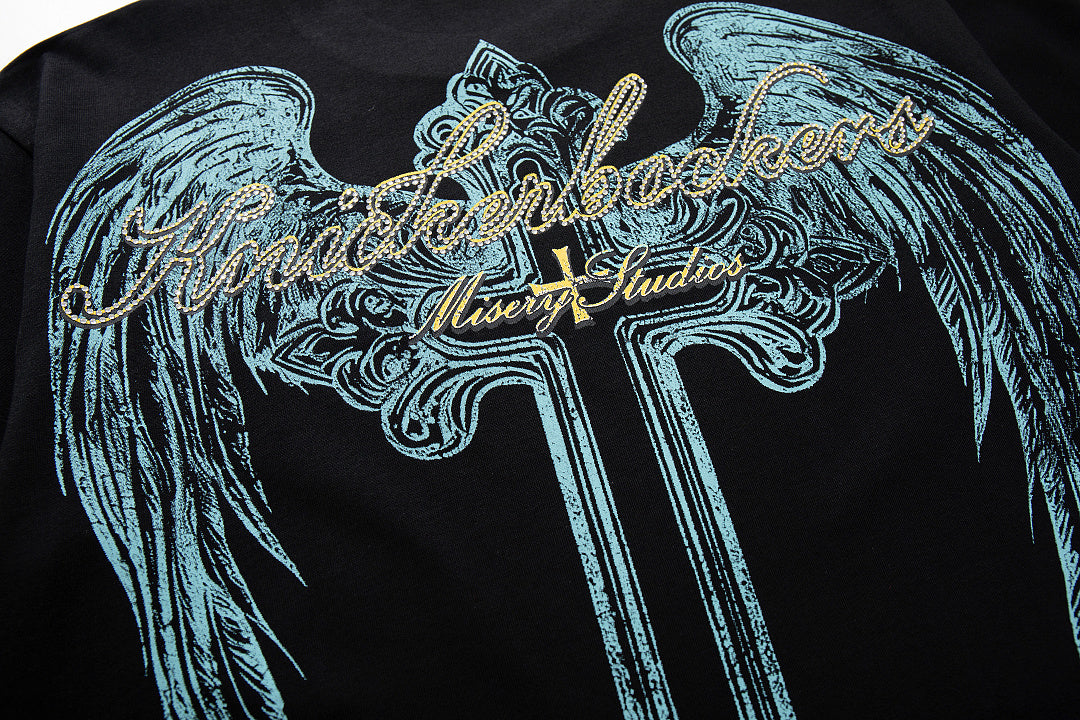 MAJESTIK Vintage Black Alien Skull Angel Sword Double‑Sided Graphic T‑Shirt