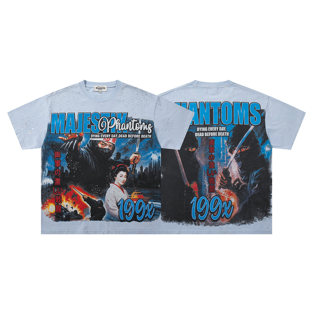 MAJESTIK Light Blue Washed 199X Phantom Vintage Graphic T‑Shirt