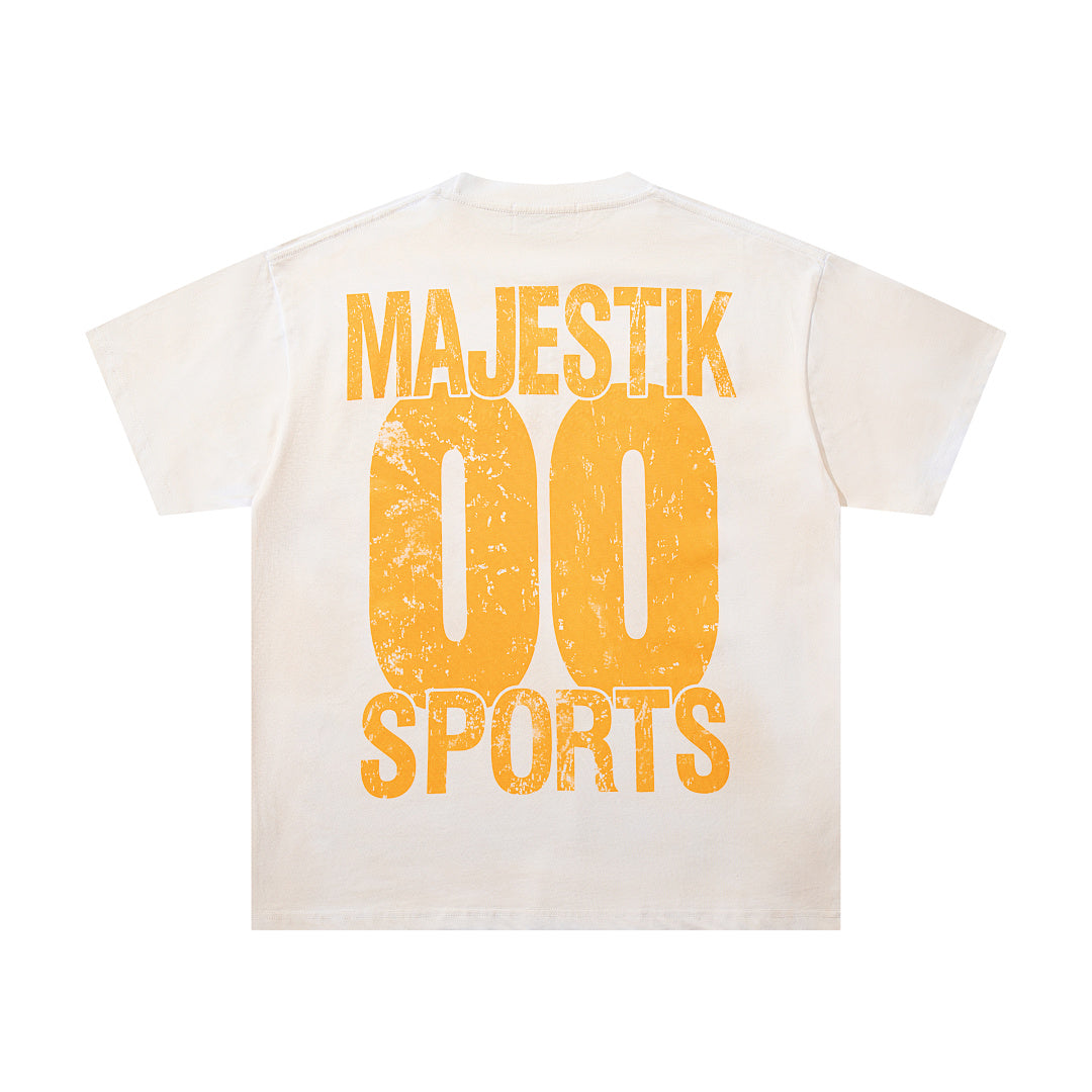 MAJESTIK Off‑White Washed Vintage Sports Car Palm Double‑Sided Graphic T‑Shirt