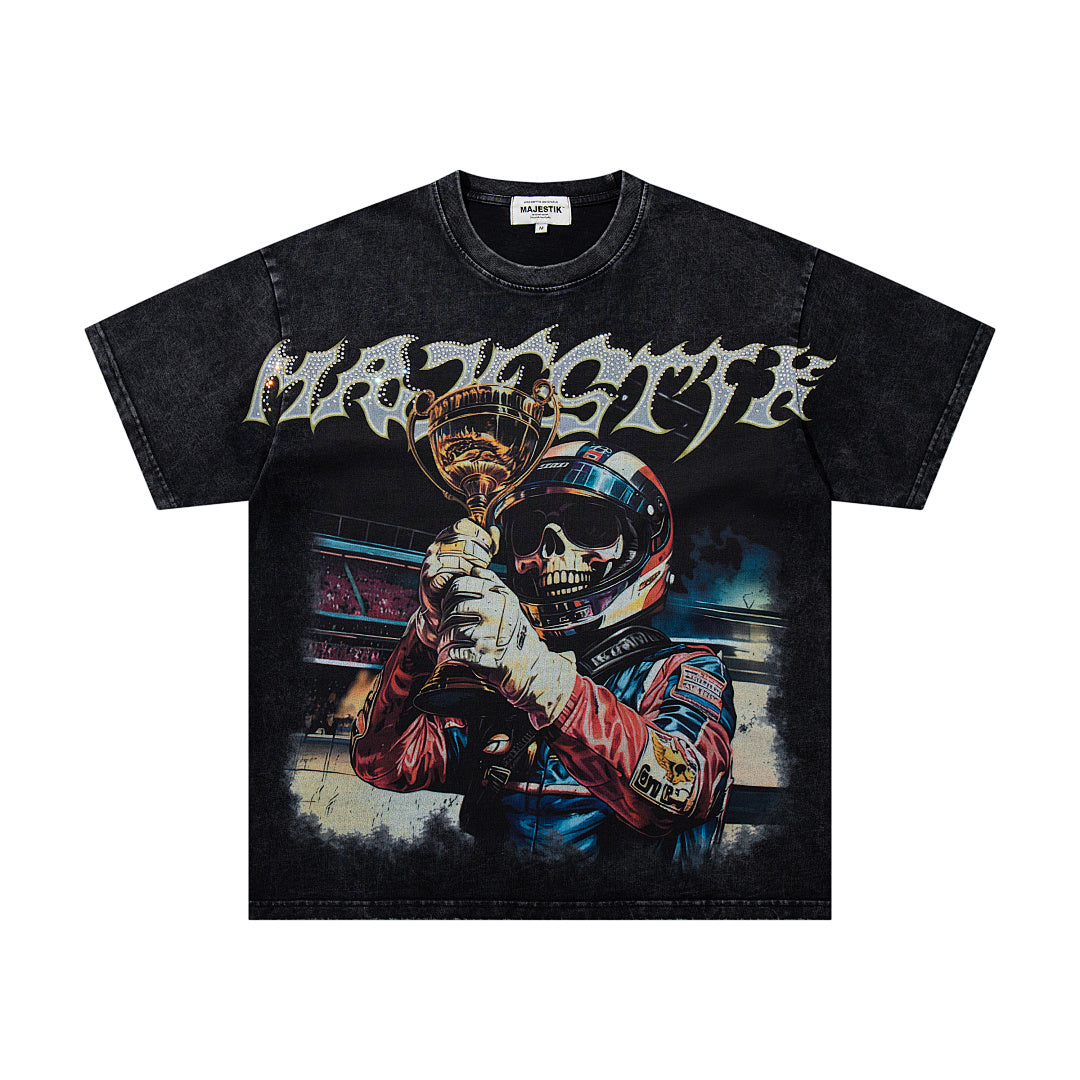 MAJESTIK Black Washed Vintage Mask‑Figure Double‑Sided Graphic Band‑Style T‑Shirt