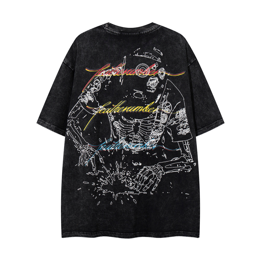 MAJESTIK Vintage Black Skeleton Robot Double‑Sided Graphic T‑Shirt