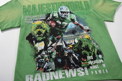 MAJESTIK Green Washed Vintage Football Athlete Double‑Sided Graphic Band‑Style T‑Shirt