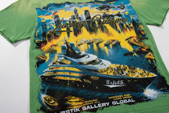 MAJESTIK Green Washed Vintage Tour Cruise City Double‑Sided Band‑Style Graphic T‑Shirt