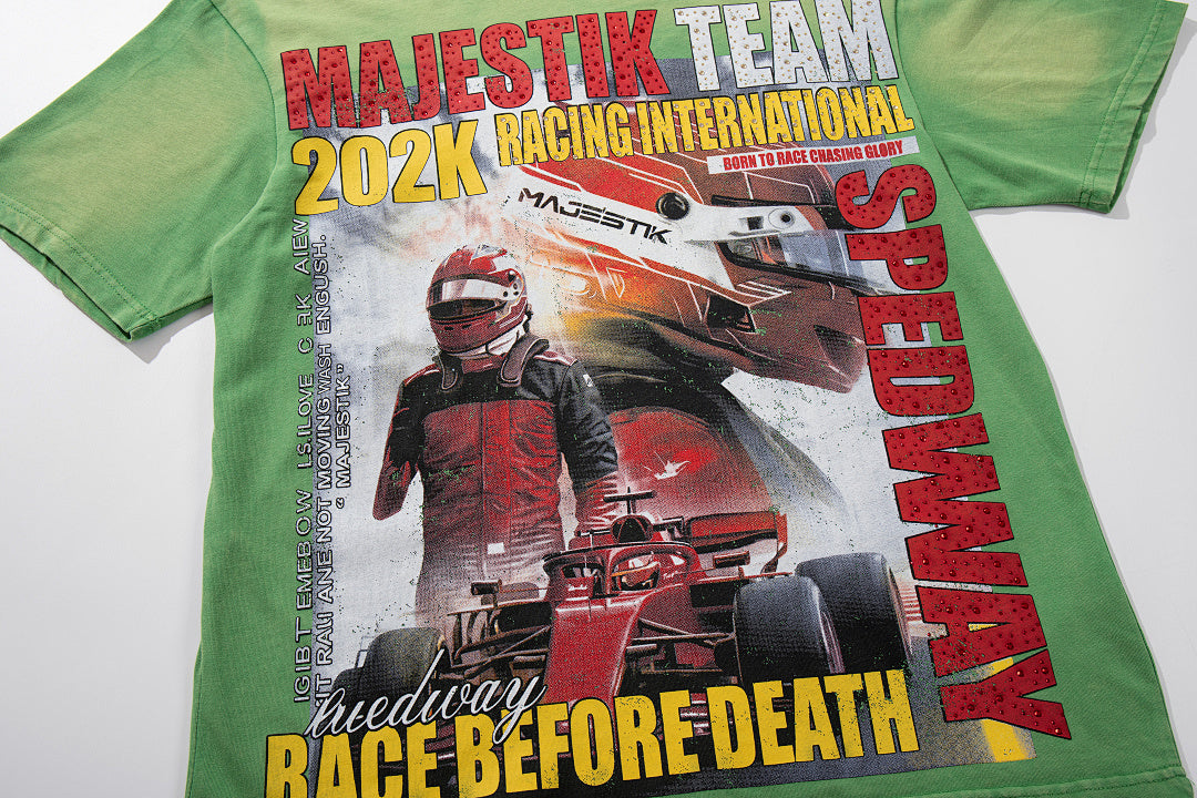 MAJESTIK Green Washed Vintage Portrait Band‑Style Graphic T‑Shirt