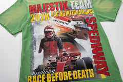 MAJESTIK Green Washed Vintage Portrait Band‑Style Graphic T‑Shirt