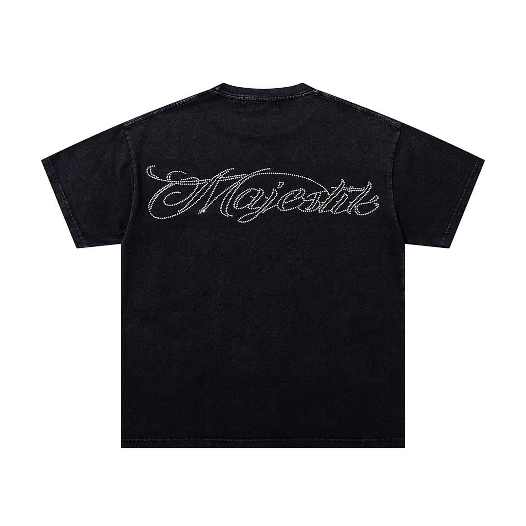 MAJESTIK Black Washed Vintage Roaring Tiger Double‑Sided Graphic Band‑Style T‑Shirt