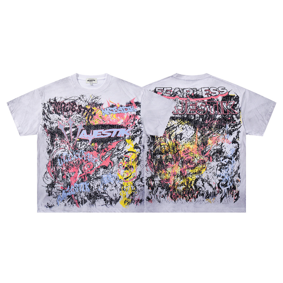 MAJESTIK Off‑White Washed Vintage Graffiti Art Collage Double‑Sided Band‑Style T‑Shirt