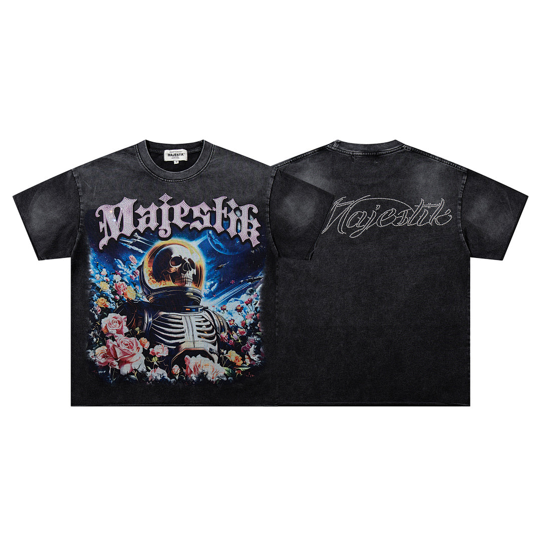 MAJESTIK Black Washed Vintage Astronaut Floral Double‑Sided Graphic Band‑Style T‑Shirt