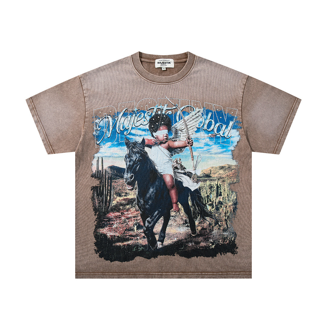 MAJESTIK Brown Washed Western Cowboy Horse Rider Vintage Graphic T‑Shirt