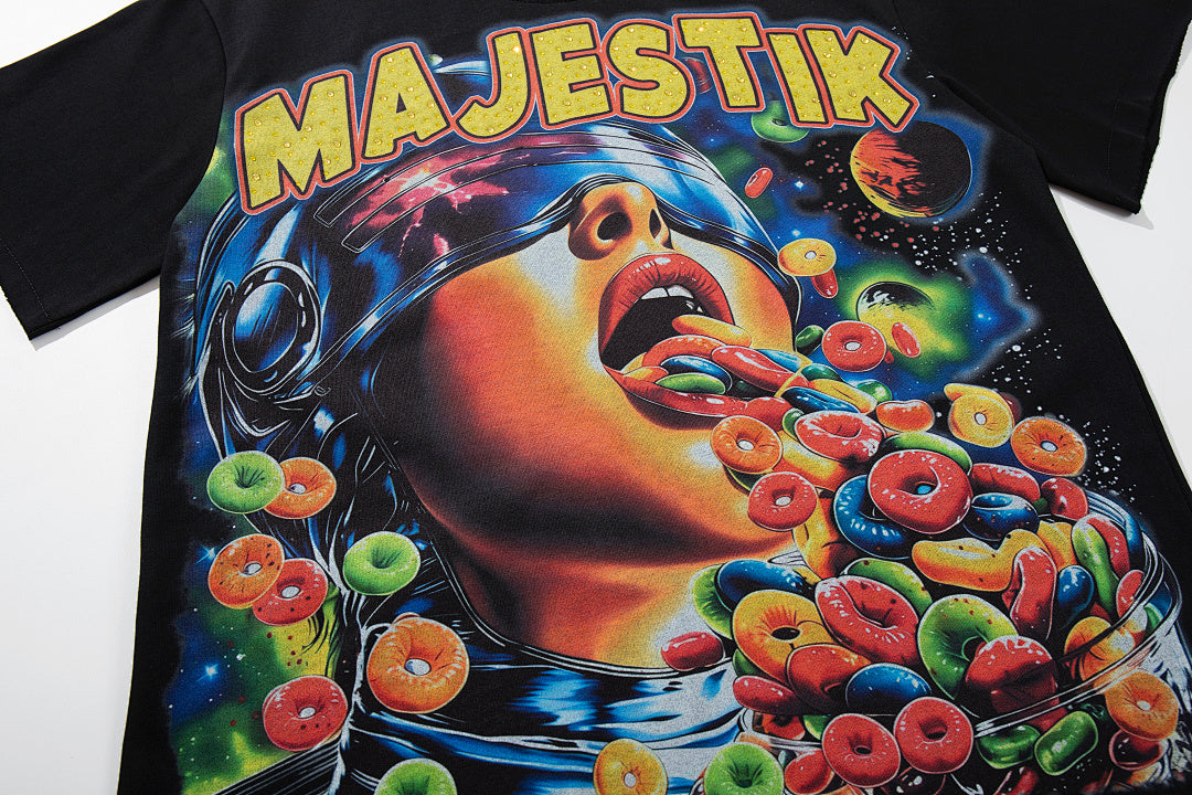 MAJESTIK Black Vintage Psychedelic Portrait Band‑Style Graphic T‑Shirt